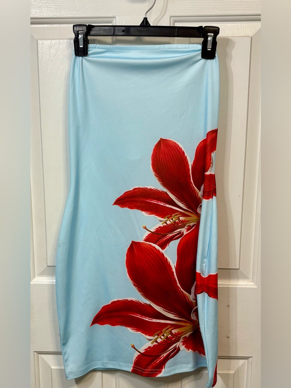 SHEIN Light Blue Strapless Dress with Red Floral Accent